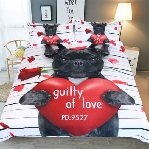 Guilty Of Love Bulldog Bedding Set Queen Size Duvet Cover Set 3D Dog Rose Stripes Printed Bedclothes Cartoon 3Pcs Home Textiles