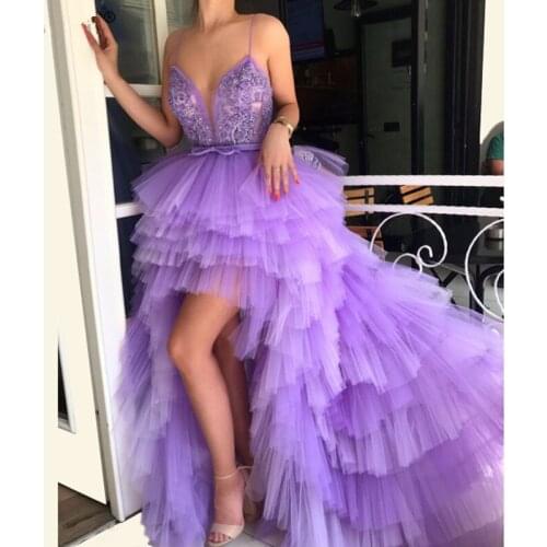 Lavender Muslim Evening Dresses A-line Tulle Lace Pearls Hi Low Islamic Dubai Saudi Arabic Long Formal Evening Gown Prom