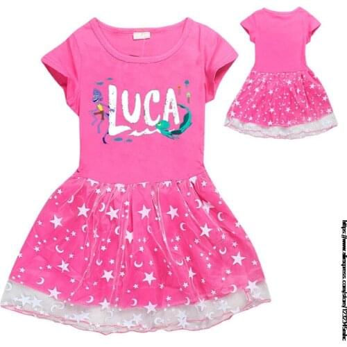 Summer Kids Girls Cotton T Shirt + Print Gauze Patchwork Dress New movie Luca Baby Home Party Casual Clothes Dresses