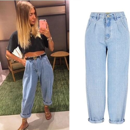 Summer Clothing 2021 Solid Color High Waist Jeans Women Streetwear Straight Jean Femme Blue 100% Cotton Harlan Baggy Pants y2k