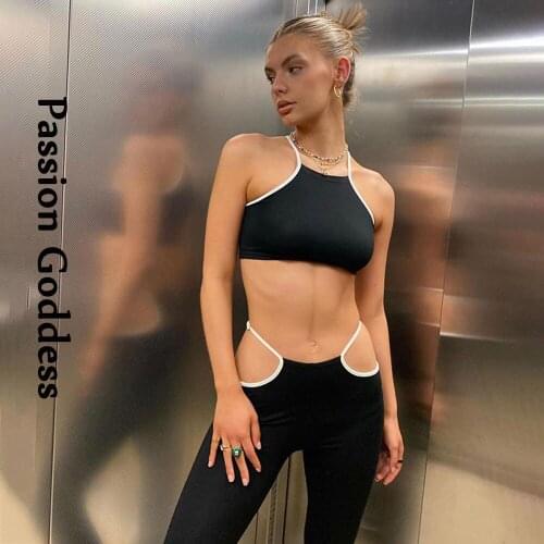 Hot Women 2 Piece Pants Sets Lounge Wear Camis Crop Tops Cut-out Bandage Waist Long Wide Leg Pants Slim Two Piece Party Outfits