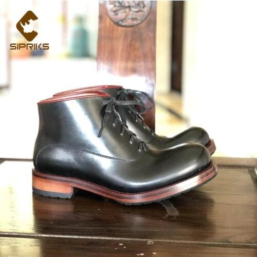 Sipriks Handmade Goodyear Welt Shoes Mens Calf Leather Ankle Boots Black Male Cowboy Boot High Top Lace Up Shoes Big Round Toe