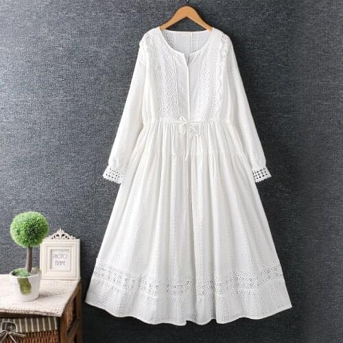 New Spring 2021 Fashion Women Dress Hollow Embroidery Cotton Dress Loose Drawstring Waist Long Sleeve Fairy Dress