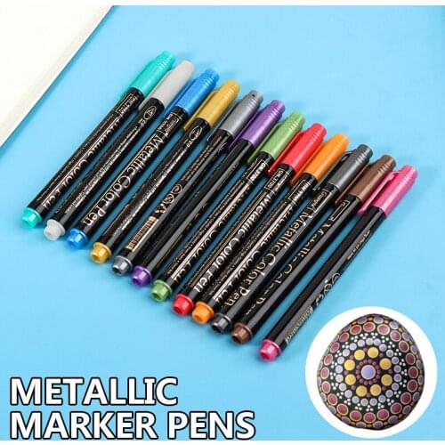 New Arrival 12Pcs/Set Metallic Marker Pens Opaque Ink Rock Painting Pens Durable Art Markers Writing Supplies For DIY Crafts