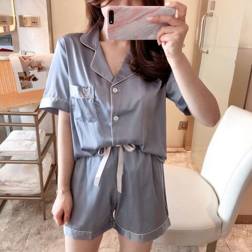 Pajamas Female with Hearts Embroidered Short-Sleeved Shorts Wei Mi Suit Fog Blue Leisure Tops Simulation Red Pajamas Summer