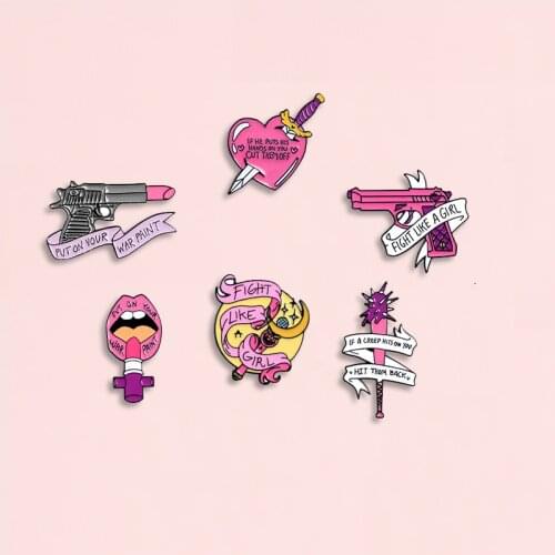 Feminism Lipstick Enamel Pin Pink Weapon Brooch Denim Jeans shirt Bag Lapel Pin Cartoon Cosmetic Jewelry Gift for Friends Female