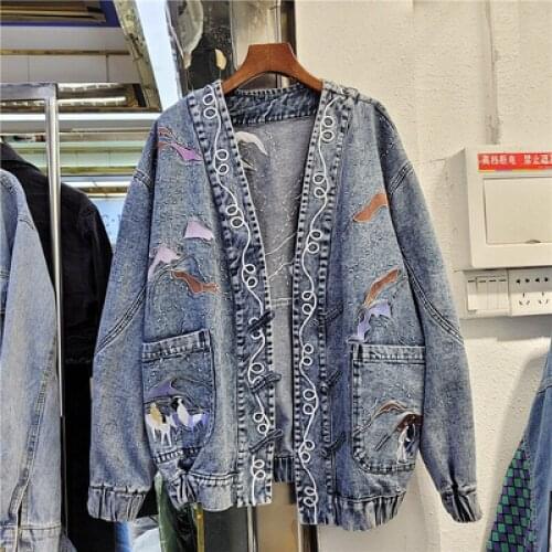 Vintage Heavy Industry Embroidery Denim Jacket Woman 2021 Loose Spring New Korean Fashion BF Long sleeve Jeans Coat Female A841