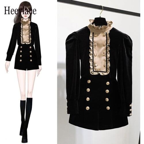 Autumn Long Sleeve Outfits Korean Casual Sets Elegant Vintage Turtleneck Velvet Top And Shorts Two Pieces Sets 2021 Women Sets