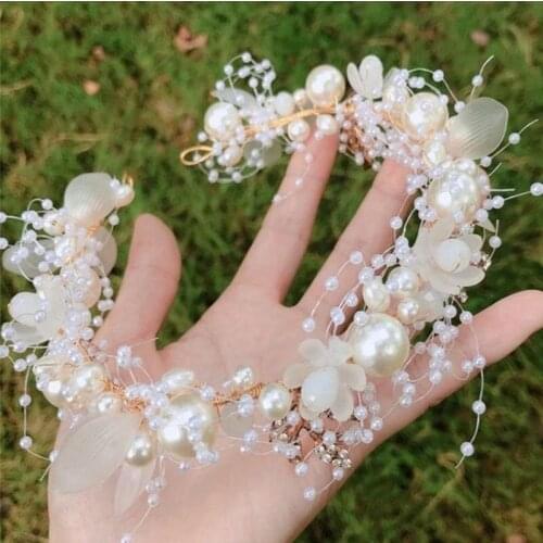 Fashion Pearls Flower Wedding Hairband Crown Crystal Bridal Women Children Hair Accessories Handmade Pearl Flower Headband