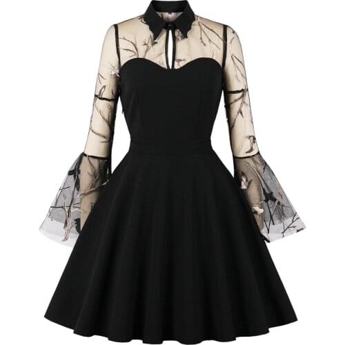 New S-4XL Women Gothic Sexy Midi Tunic Dress Autumn Black Mesh Patchwork See Through Flare Sleeve Drapped Solid Party Dresses