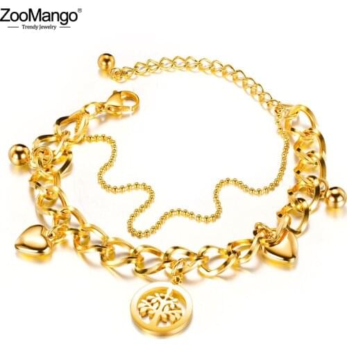 ZooMango Trendy Double Layer Stainless Steel Love Heart Tree Charm Bracelets For Women Girls Bohemia Chain Link Jewelry ZB17088