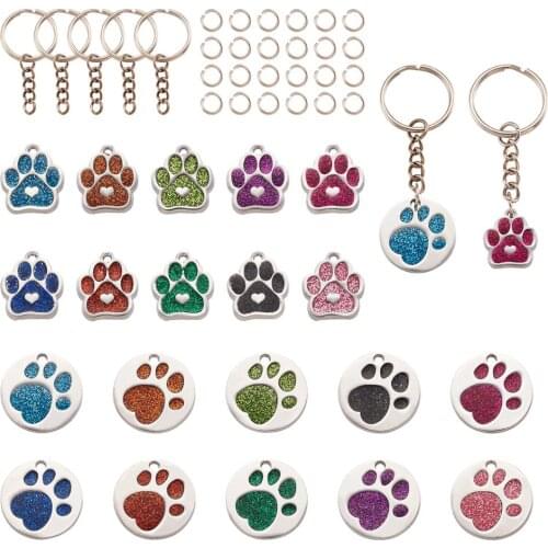 20pcs/set Dog Paw Prints Alloy Enamel Pendants with Split Key Rings for DIY Pet Keychains Handmade Making Accessories