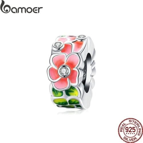 Bamoer Enamel Colorful Flowers Metal Crystal Charm Bead fit Original 925 Silver Bracelet girls DIY Jewelry Making SCC1727