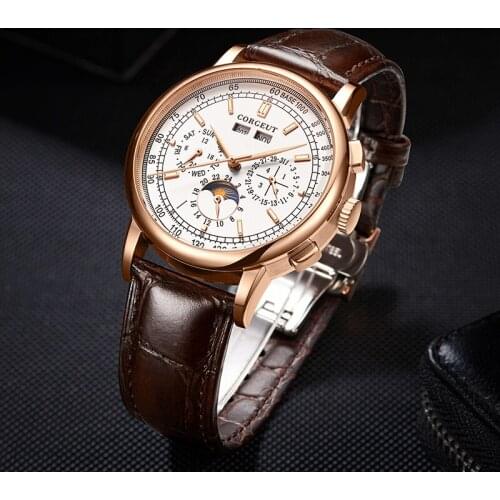 CORGEUT Mens Watches Male Clocks Date Sport Military Clock Leather Strap Mechanical Multifunction Business Men Watch Gift