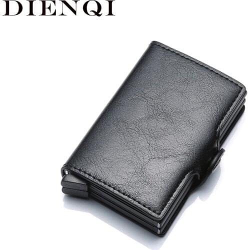 DIENQI Aluminium Rfid Wallet Male Big Coin Purse Men Leather Double Personalized Wallet Pocket Money Bag Credit Card Cases 2020