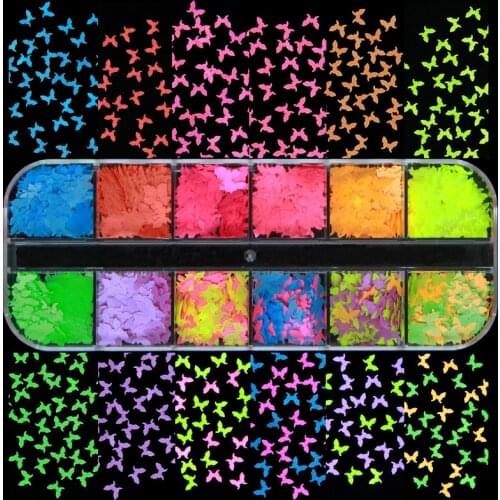 12 Grids Fluorescence Butterfly Shape Nail Sequins 3D Colorful Glitter Flakes Polish Manicure Decoration DIY Nails Accessories