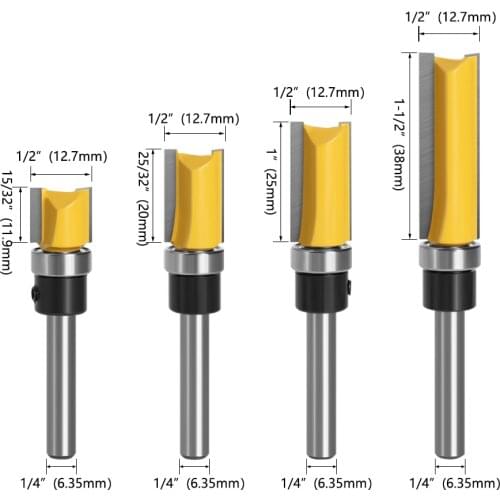 LA VIE 4pcs 1/4'' Flush Trim Router Bit Pattern Bit Top & Bottom Bearing Edge Flush Milling Cutter Carpenter Tools MC01056