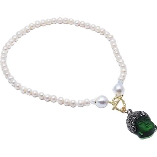 GuaiGuai Jewelry Freshwater White Pearl Keshi Pearl Necklace Green Quartz Cz pave Buddha Pendant