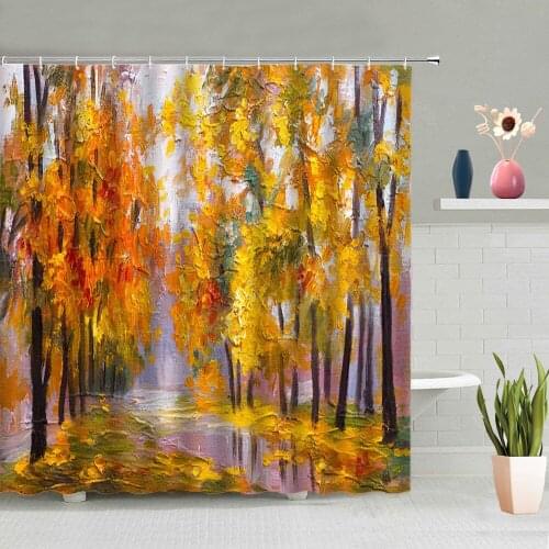 Oil Painting Scenery Shower Curtains Forest Trees Autumn Landscape Bathroom Decoration Bath Curtain Washable Hooks Home Screen