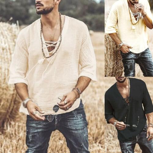 Summer Mens Causal Shirt Lace Up Tops Loose T-Shirt Blouse Tee Half Sleeve Linen Solid Color Tops
