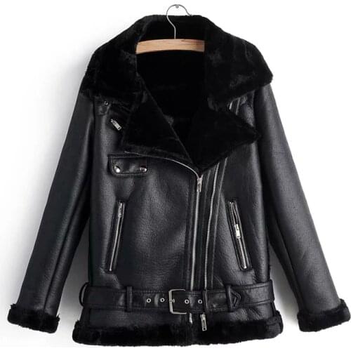 Fashion women faux lamb wool fur leather jacket winter lady thick PU outerwear cool female zipper suits moto girls jacket Tops