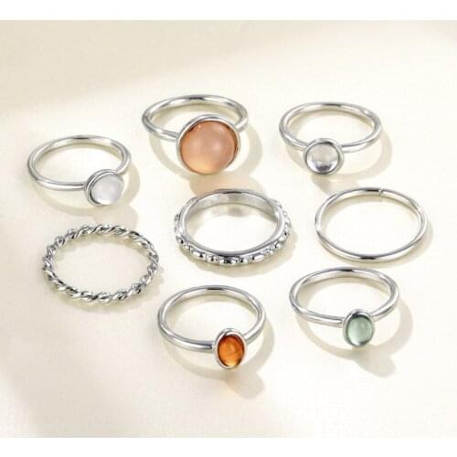 New European and American Retro Colored Gemstone Metal Neutral Fashion Geometric Contrast Ring Set Luxury Trendy Jewelry