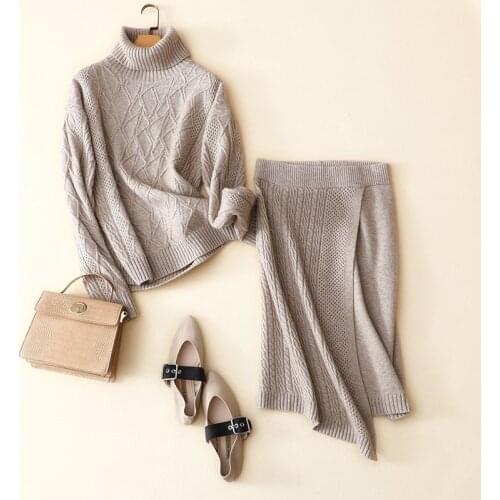 Autumn winter cashmere wool thick two piece set women warm turtleneck sweaters plus skirt