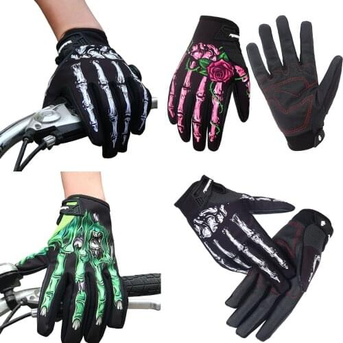 Unisex Full Finger Skull Gloves Skeleton Pattern Bicycle Racing Riding Gloves Anti-Skid Rubber Outdoor Riding Mitten