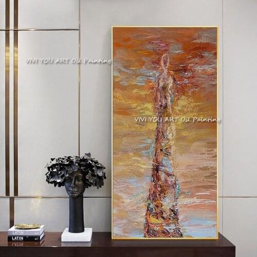 The Handmade Modern Abstract Woman Girl Thick Oil Painting On Canvas Figure Graph Orange Knife Painting Wall Art Decor Frameless