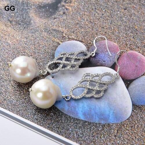 JK 15x24mm White Keshi Baroque Pearl Silver Hook Cz Connector Earrings