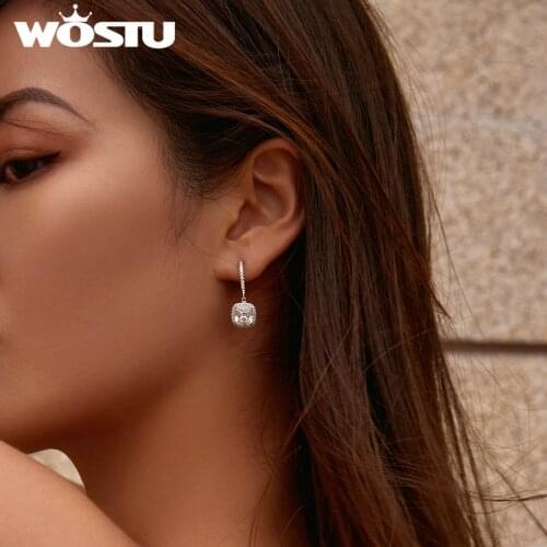 WOSTU Authentic 925 Sterling Silver Fashion Square Drop Earring With Clear CZ Women Jewelry Earrings Luxury Brand Gift CQE520