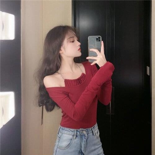 Spring and autumn sexy off shoulder neck long sleeve top split round neck wood ear edge solid color t-shirt female