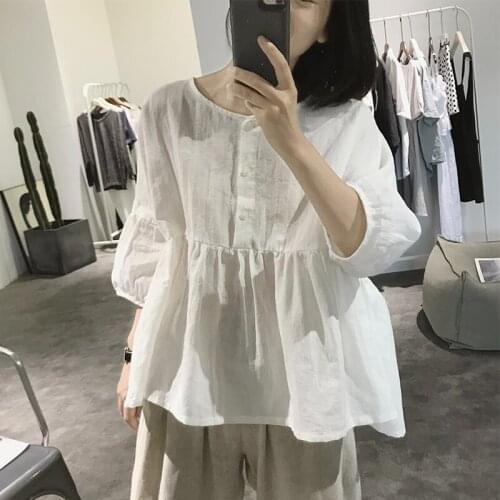 Loose Cotton Linen White Women Shirts Summer Vintage 2021 Half Sleeved Loose Casual All Match Female Outwear Tops