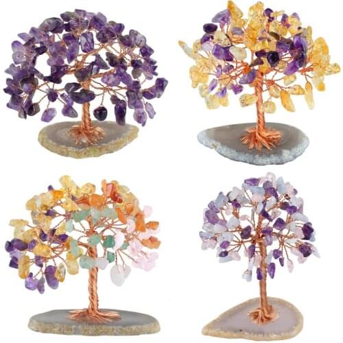 TUMBEELLUWA Healing Crystal Money Tree with Agate Slices Base Bonsai Home Office Decoration for Wealth and Luck