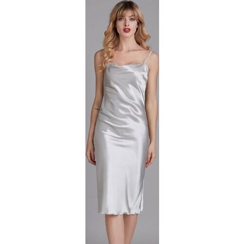 Roseheart Women Fashion Gray Red Sexy Sleepwear Backless Faux Silk Nightwear Nightgown Female Gown Homewear