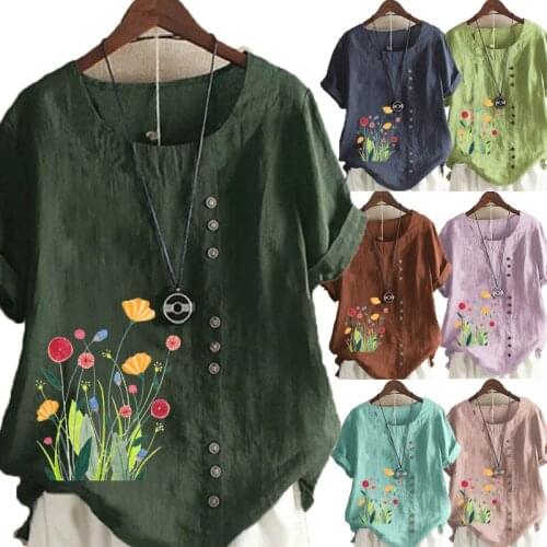 Summer Leisure Fashion Womens Round Neck Short Sleeve T-shirt Casual Graphic Shirt Loose Flower Printed Blouse Tops Plus Size