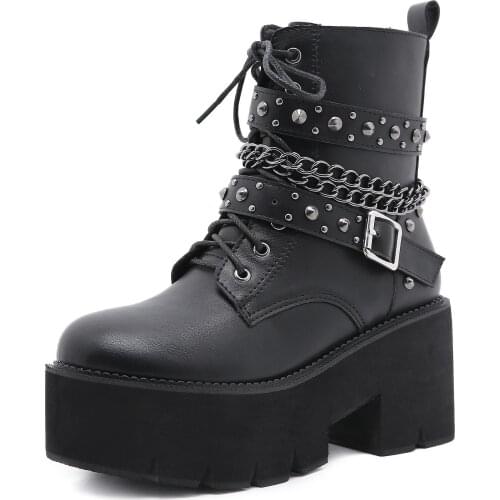 New Womens Platform Ankle Boots Lace Up Heels Shoes in Black big size 40 41 42 43 qq044