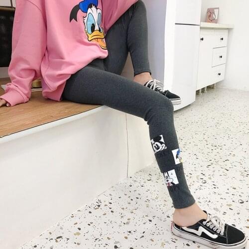 Spring Autumn Disney Cartoon Mickey Donald Duck Print Long Leggings Women Korean Elastic Sweet All Match Cotton Pants