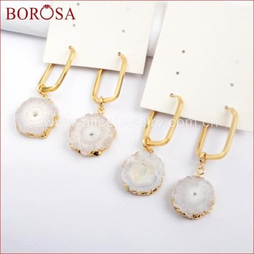 BOROSA 5Pairs Gold Color White Natural Solar Quartz Rectangle Dangle Earring Sun Flower Charm Earrings Jewelry for Women G1588