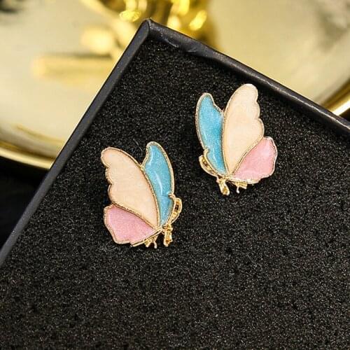 S925 Temperament Small Fresh Butterfly Earrings Korean Version Simple Sweet Enamel Contrast Color Ear Stud Woman