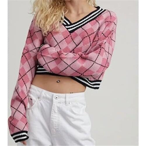 Womens Sweaters Argyle Short Knit Jumper INS Loose V-Neck Patchwork Knitwear Pullover Sweet Ladies Pink Cropped Sweater Tops