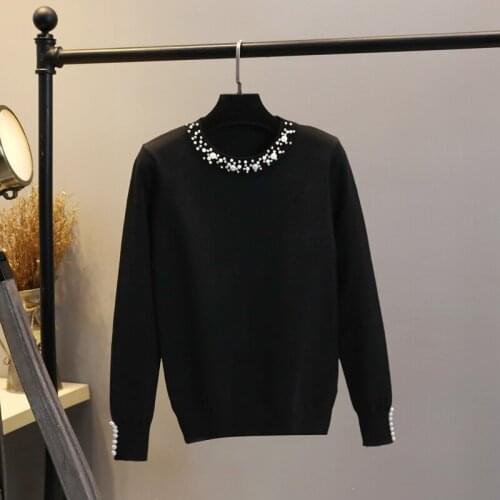 Knitted Sweater Womens Black Slim Pearl Round Neck Temperament Versatile Pullover With Top