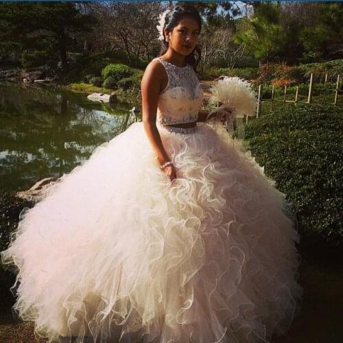 Two Pieces Quinceanera Dresses 2020 vestidos de 15 anos Lace Beaded Crystals Cascading Ruffles Sweet 16 Floor Length prom dress