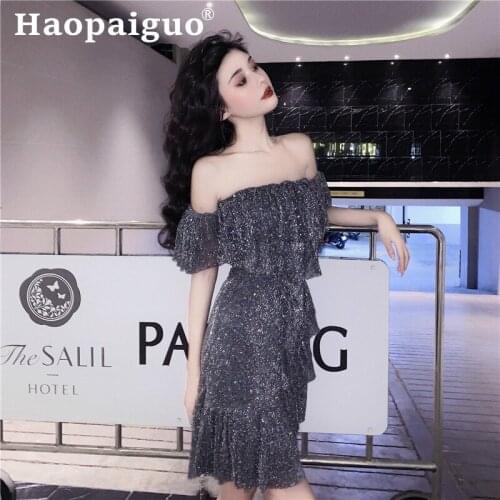 2019 Summer Sexy Dress for Women Slash Neck Asymmetrical Ruffles Mini Dress Women Sequin Dot Gray Chiffon Party Dress Women Ropa