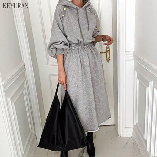 New 2021 Spring Autumn Women Dresses High Waist Loose Casual Oversize Hoodie Sweatshirt Minimalist Elegant Wild Lady Long Dress