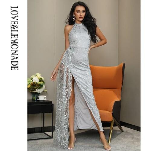 LOVE&LEMONADE Sexy Halter Neck Open Back Silver Glitter Glued Material Whit Split Party Maxi Dress LM82507