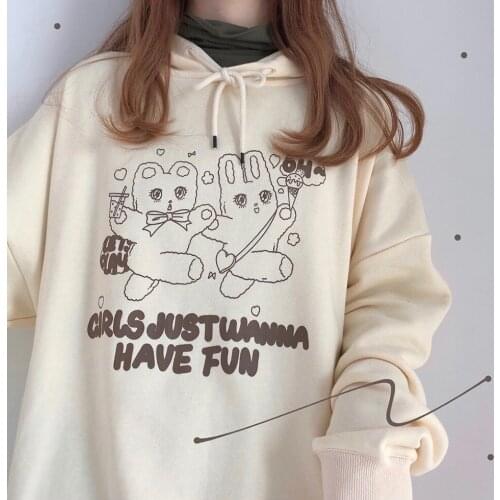 Rabbit and Bear Winter Womens Loose Sweatshirt Hooded Long Sleeve Pullovers Hoodies Cute Cream & Vintage Green
