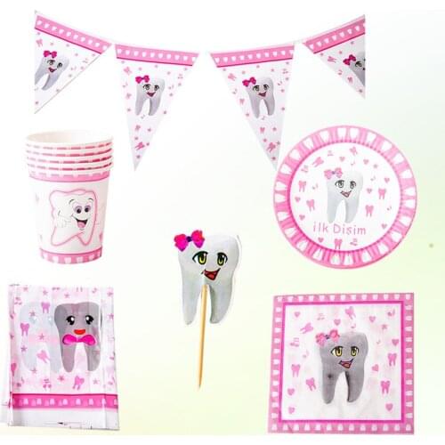 42pcs in 1 Set Tooth Theme Disposable Tableware Fruit Picks Set Paper Cup Plates Napkins Set Tooth Printing Table Cloth Din