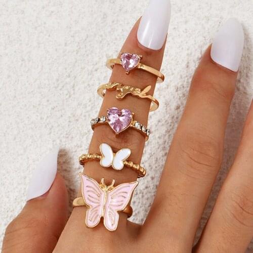 5 Pcs/Set Sweet Crystal Heart Enamel Butterfly Rings Set Fashion Gold Angel Rings for Women Jewelry Gifts
