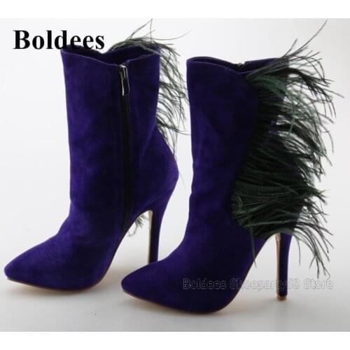 Designer Purple Suede Leather High Heel Boots Woman Pointed Toe Zip Feather Flock Heeled Solid Elegant Spring Autumn Short Boot